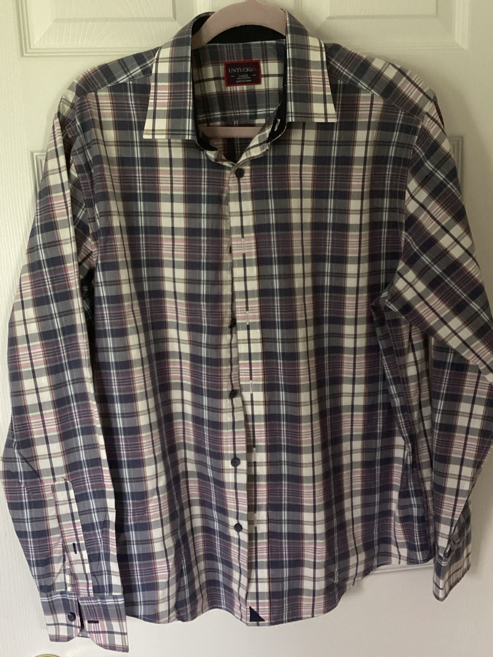 UNTUCKit Men's Billecart Plaid Button-Down Shirt in Navy, Purple, and White